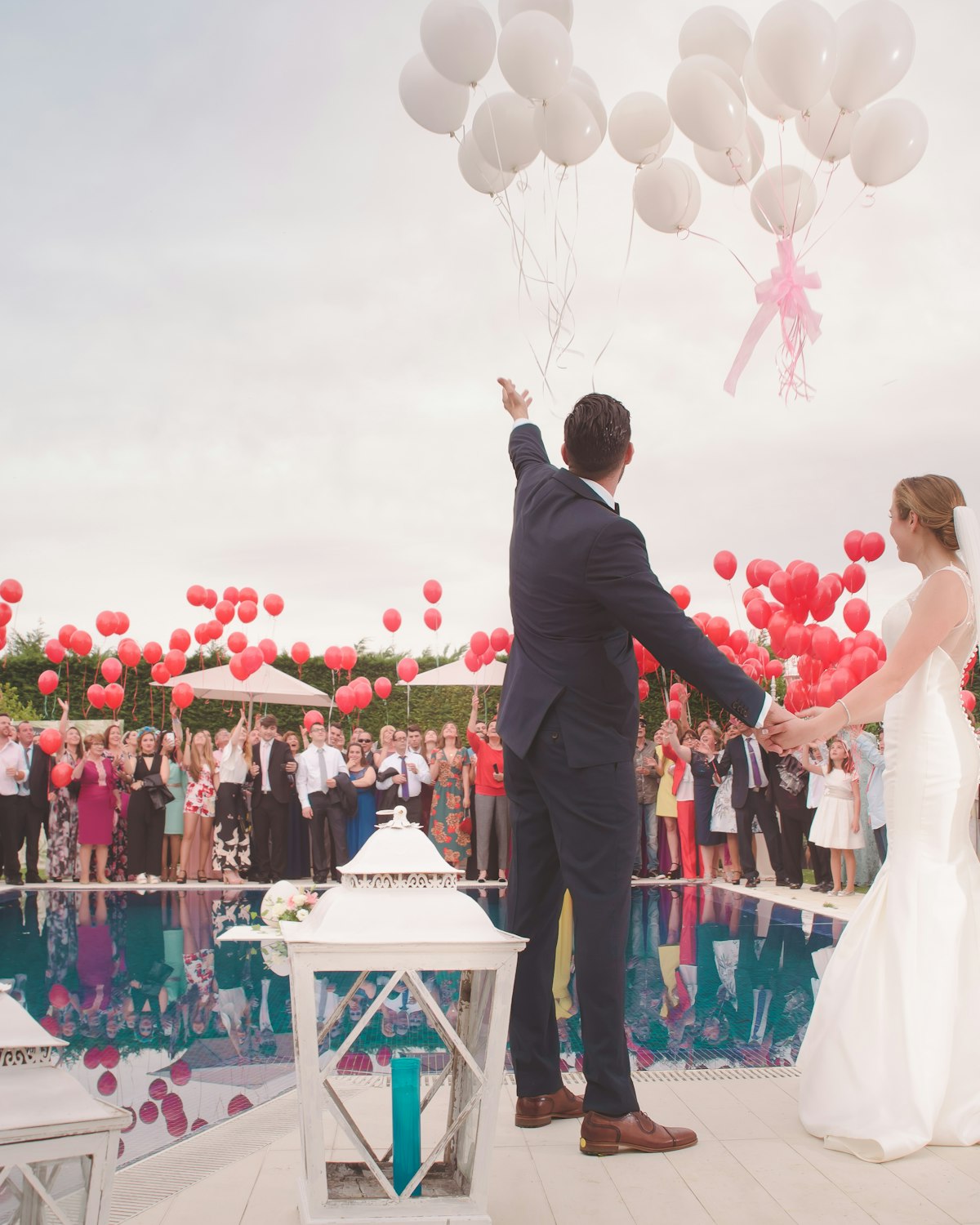 Elegant black-tie wedding reception venue set for guests